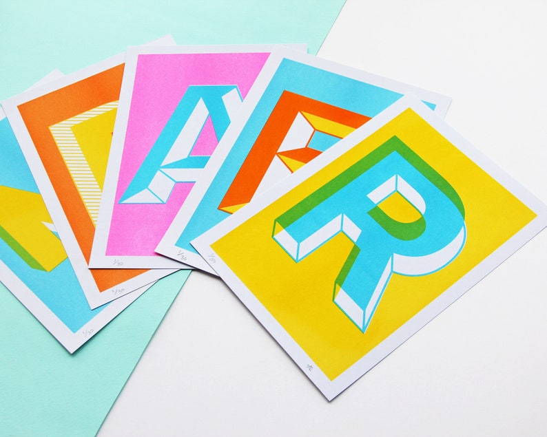 A5 Letter Risograph Prints Colourful Alphabet Prints / Initial Prints image 9