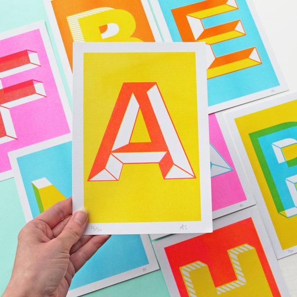 A5 Letter Risograph Prints - Colourful Alphabet Prints / Initial Prints