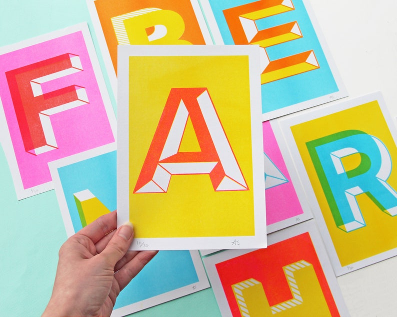 A5 Letter Risograph Prints Colourful Alphabet Prints / Initial Prints image 1