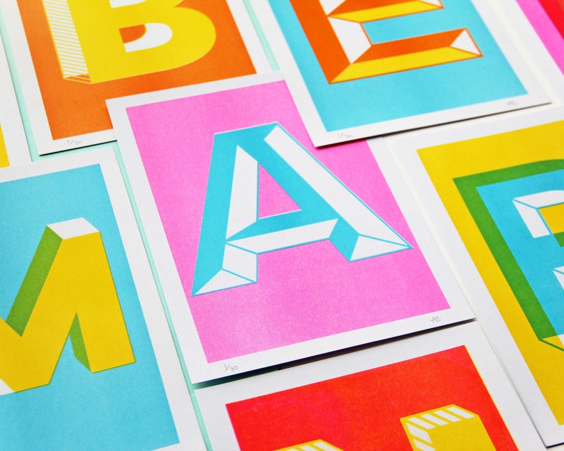 A5 Letter Risograph Prints Colourful Alphabet Prints / Initial Prints image 8