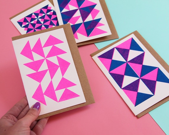 Pack of 4 Pattern Cards - Risograph Printed Blank Geometric Notelets/Notecards - Pink and Blue - 100% Recycled
