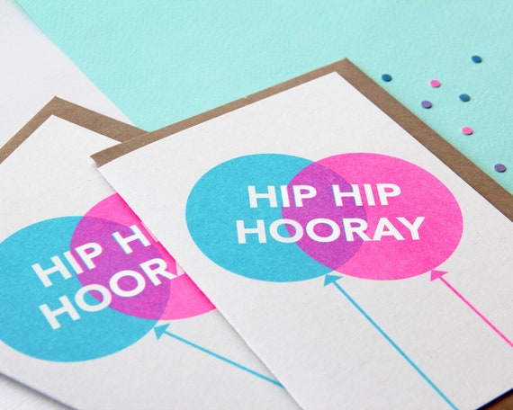 Hip Hip Hooray Greetings Card - Risograph printed Celebration, Congratulations, Birthday Card