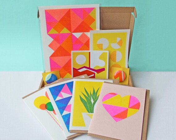 BRIGHT BUNDLE BOX - Risograph Goodies Surprise Box - Colourful Prints, Cards & Badges