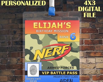 May include: A printable 4x3 digital file for a birthday party invitation. The invitation features a camouflage background with a Nerf logo, a fingerprint, and the text "Elijah's Birthday Mission, Rank 6, Armed Forces, VIP Battle Pass, Private First Class Aiden, Delta Squad".