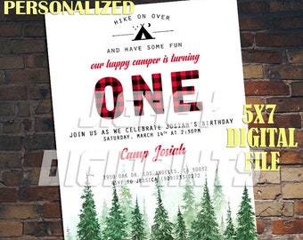 Happy Camper Birthday Invitation – Plaid ONE, Camp Theme (Digital Download)
