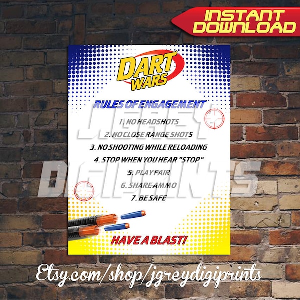 Printable Dart Rules Poster, Dart Rules Sign, Dart Wars Party Signs, Nerf War Rules - INSTANT DOWNLOAD