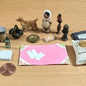 Vintage dollhouse miniatures tiny mini items for dolls mixed lot fun finds thrift dog animal decor unique metal small trinket Knick knack