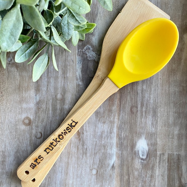 personalized spoon and spatula set, wood utensil set, baking gifts for her, bridal shower kitchen gifts, thank you gifts for teachers