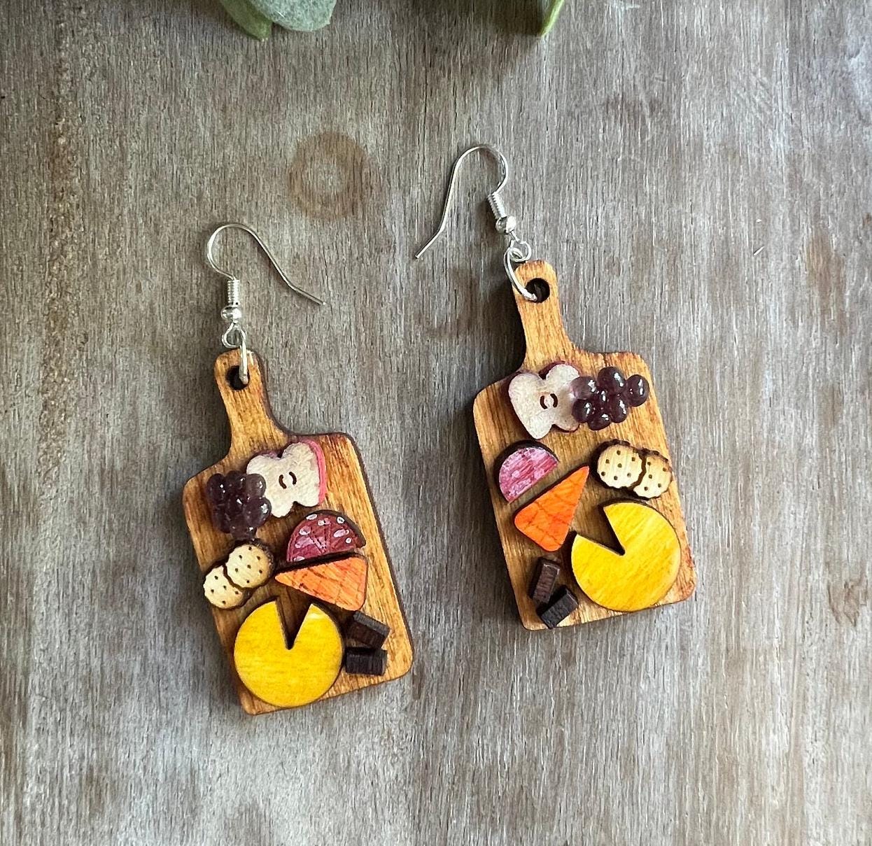 charcuterie board earrings dangle, mini food earring, gal birthday gift for foodie, cheese lover gift for women, wine and cheese party favor