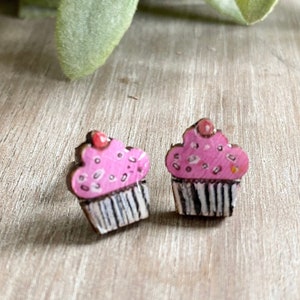 Wood Cupcake Earrings, Food Studs for Girls, Cake Frosting, Birthday Gift, Easter Basket Stuffers, Teen Girl Jewelry