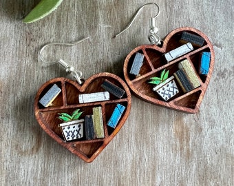 Miniature plant bookshelf earrings for women, Best friend birthday gift for her, book lover gifts for wife, bookish jewelry, booktok