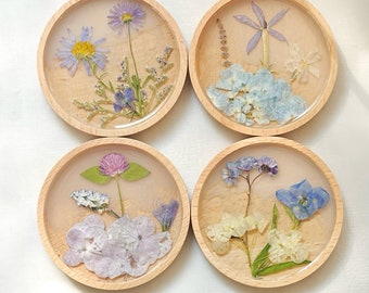 Wood Dried Flower Coaster Set, Cute Pressed Aster Flower Coasters, Lavender Kitchen Home Decor, September Birth Flower, Gift For Her