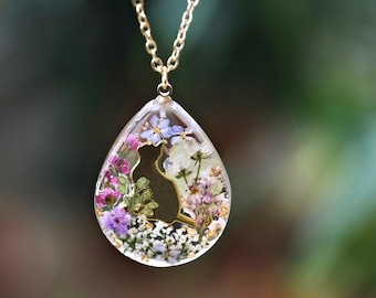 Cat Necklace, Real Flower Necklace, Cat Fur Keepsake Necklace, Kitty Cat Pendant, , Cat Lover Necklace
