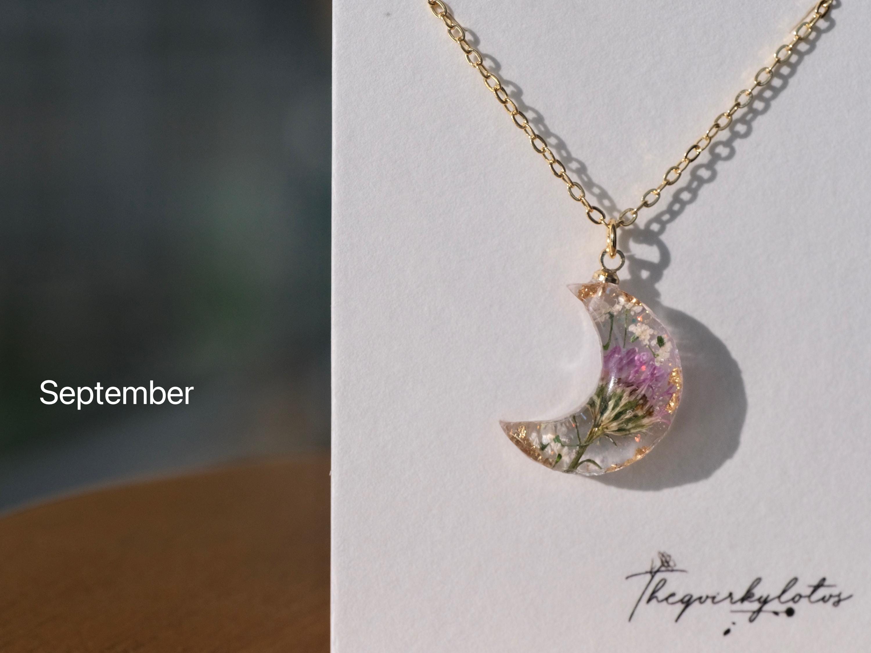 Birth Month Flower Moon Necklace, Dainty Crescent Moon Energy 