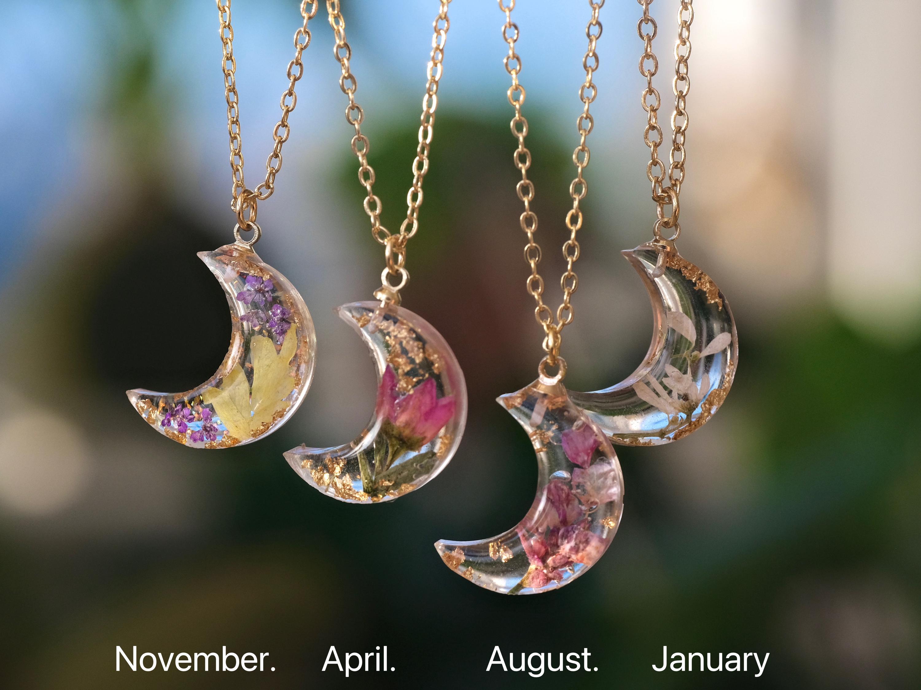 Birth Month Flower Moon Necklace, Dainty Crescent Moon Energy 