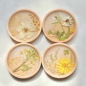 Floral Coasters, Dried flower Pressed Flower Coasters, Wood Coaster Flower Wall Decor, White Rose Beautiful Home Decor, Gift For Her