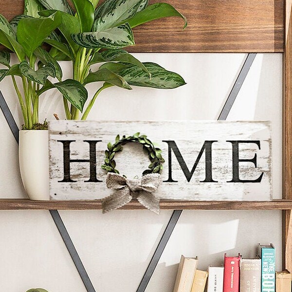 Home Sign / Shelf Decor / Home Wreath Sign / Farmhouse Decor / Rustic Home Decor / Housewarming Gifts / Wooden Signs