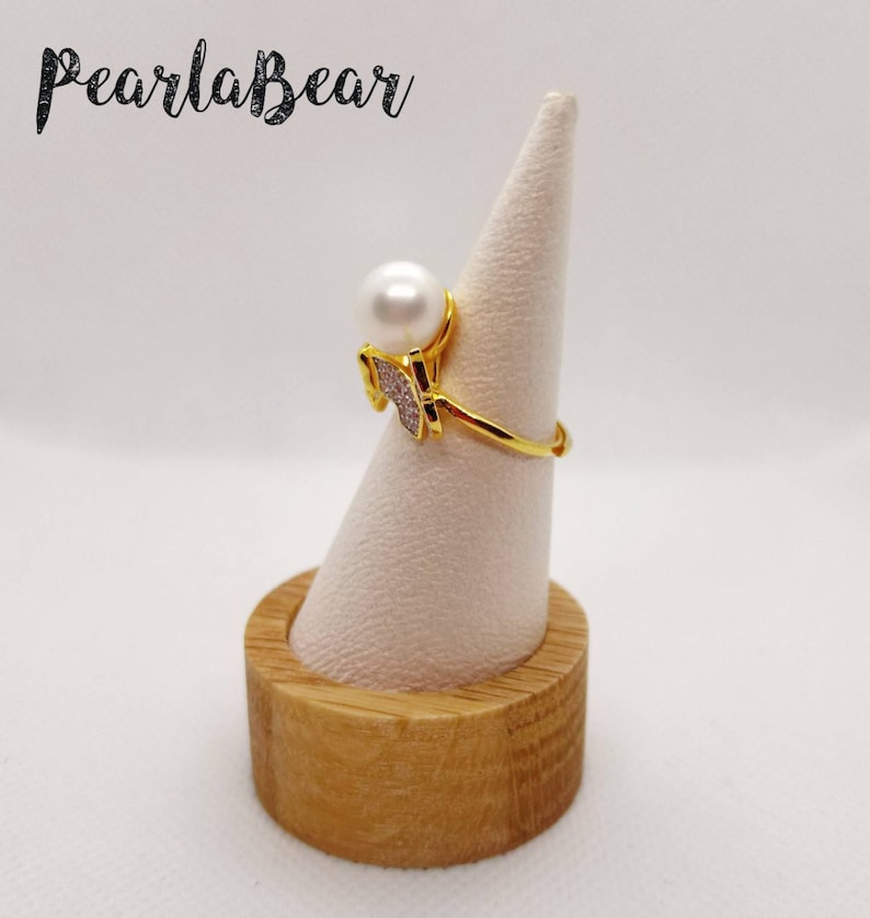Gold Plated Sterling Silver Butterflies Adjustable Ring with Natural White Freshwater Pearl AAA grade 9.70mm