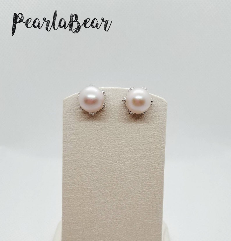 Sterling Silver Crown Jewel Statement Ear Studs with Pink Freshwater Pearl 9.1-9.2mm