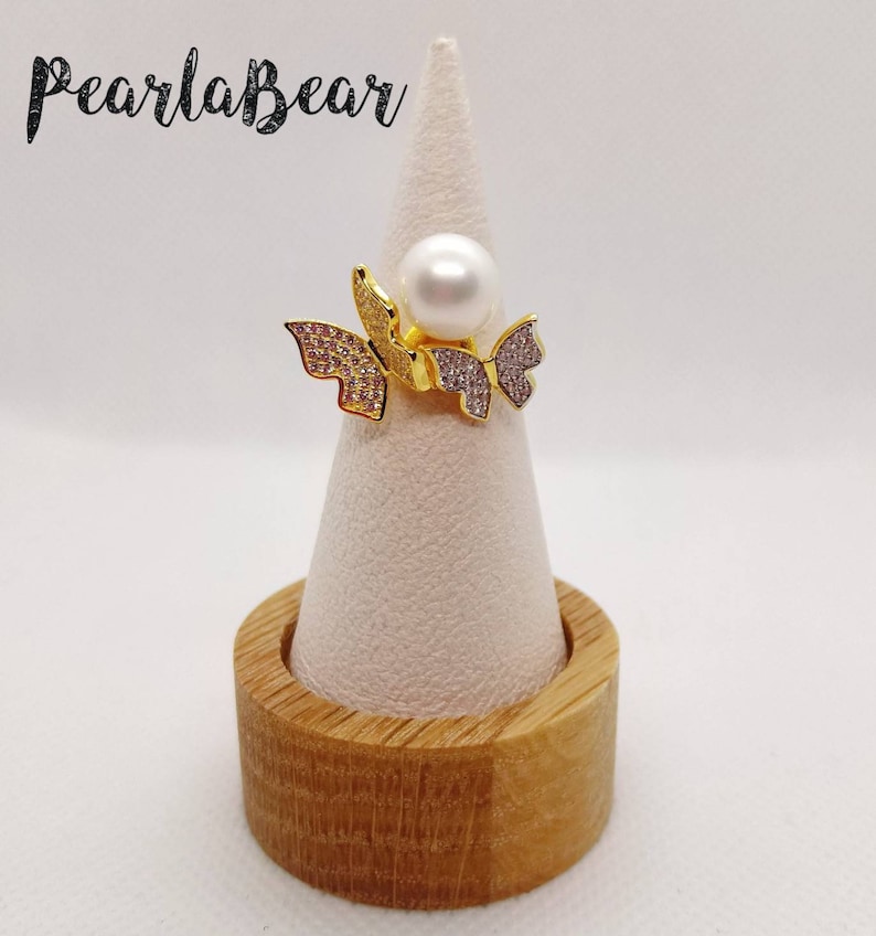 Gold Plated Sterling Silver Butterflies Adjustable Ring with Natural White Freshwater Pearl AAA grade 9.70mm