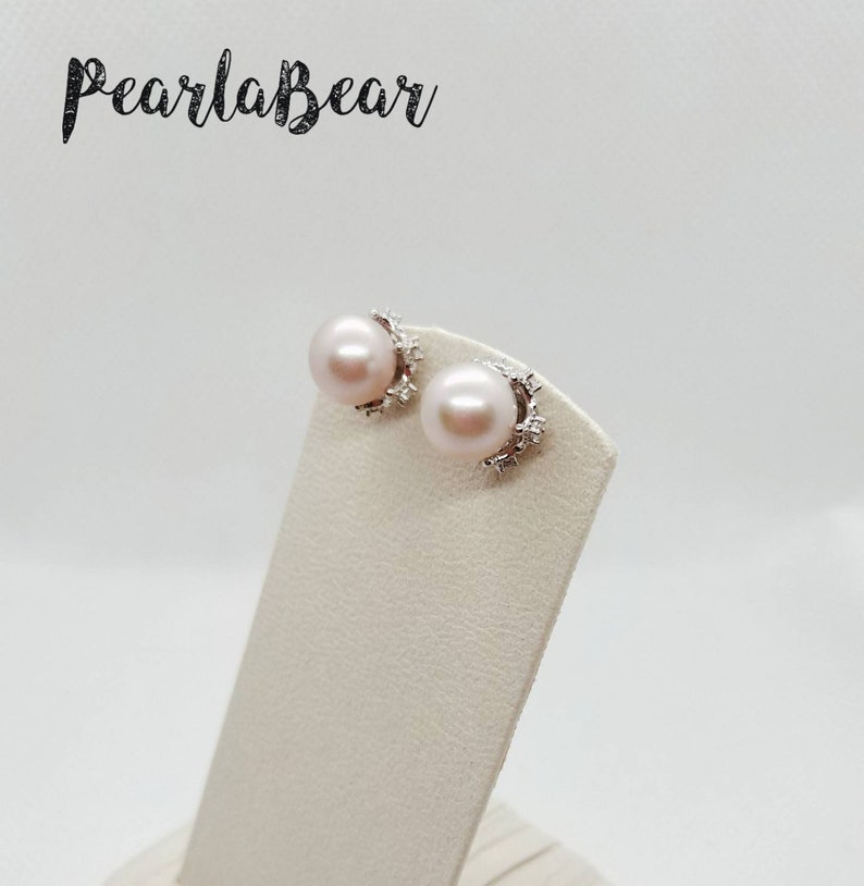 Sterling Silver Crown Jewel Statement Ear Studs with Pink Freshwater Pearl 9.1-9.2mm
