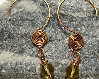 Faceted Citrine On Solid Copper Wire Work Hoop Earrings, perfect