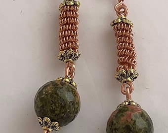 Earrings dangles, Unakite And Copper