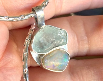 Silver pendant rough aquamarine and fire opal