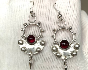 Touareg Style Earrings. Red Garnet on Fine  Silver - January Birthstone-