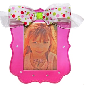 Picture Frame 5x7 Hot Pink with pink and green grosgrain polka dot bow and diamante crystals