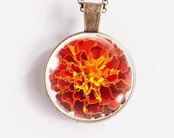 Marigold Necklace: October Birth Flower Pendant, Botanical Jewelry