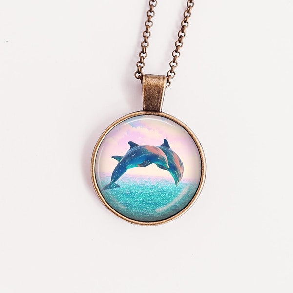 Dolphin Necklace - Ocean Inspired Handmade Pendant - Unique Sea-Life Jewelry - Glass-Topped Dolphin Image - Perfect Gift for Dolphin Lovers,