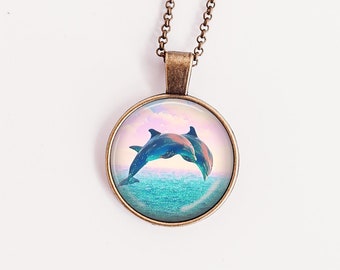 Dolphin Necklace - Ocean Inspired Handmade Pendant - Unique Sea-Life Jewelry - Glass-Topped Dolphin Image - Perfect Gift for Dolphin Lovers,