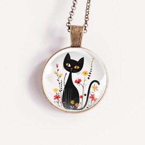Cat and Flowers Necklace, Black Cat Jewelry, Cat Mom Gift,