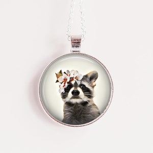 Raccoon Necklace, Flower Crown Animals Jewelry, Wildlife Lovers Gift,