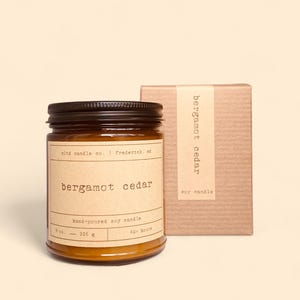 Bergamot Cedar Soy Candle | Hand-Poured | Small Batch | Bergamot, Woods, Bourbon Scented Candle | Amber Jar | Nontoxic Vegan Ecofriendly