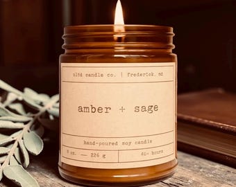 Amber + Sage Soy Candle: with Bergamot, Leather Scent