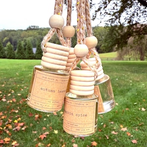 May include: Several glass car air fresheners hanging from a rope. The labels read "autumn leaves" and "pumpkin spice". The bottles have wooden tops and are suspended by a beige rope with wooden beads. The background is a green lawn with trees.