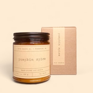Pumpkin Spice Soy Candle | Pumpkin, Maple, Brown Sugar, Cinnamon Scented Fall Candle | Amber Jar | Vegan Non-Toxic Eco-Friendly | Fall Gift