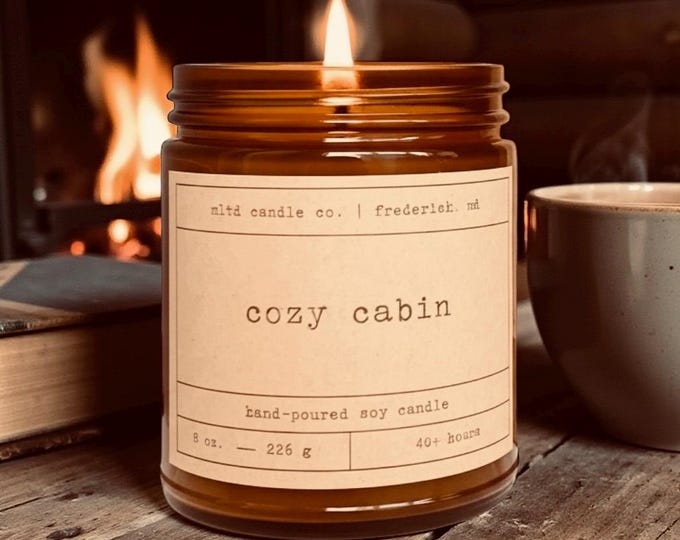Cozy Cabin Soy Candle: Cedar, Amber, Pine, Sweet Tobacco Scent