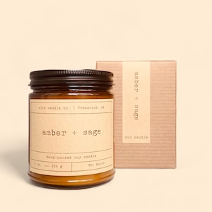 Amber + Sage Soy Candle | Amber, Bergamot, Sage, Leather Scented Candle | Handmade | Small Batch | Non-Toxic Vegan Eco-Friendly Cruelty-Free