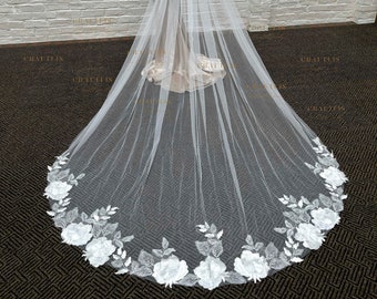 Bridal Cathedral Wedding Veil, Floral Cathedral Wedding lace veil, Bridal veil with Rose lace, Wedding veil with floral lace Rose