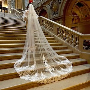 Cathedral lace veil, Wedding veil, Wedding veil with classic lace, Bridal veil with lace, veil with lace appliqué
