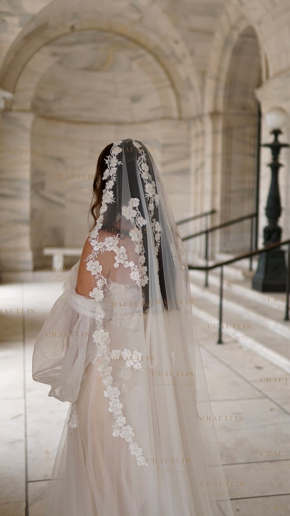 Beaded, floor length veil and beaded ribbon belt Glistening Beaded Edge Cathedral Length Wedding Veil  main image 2