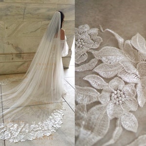 Floral Cathedral Wedding lace veil, Bridal Cathedral Wedding Veil, Long and Wide Bridal veil with lace, Royal Wedding veil with floral lace