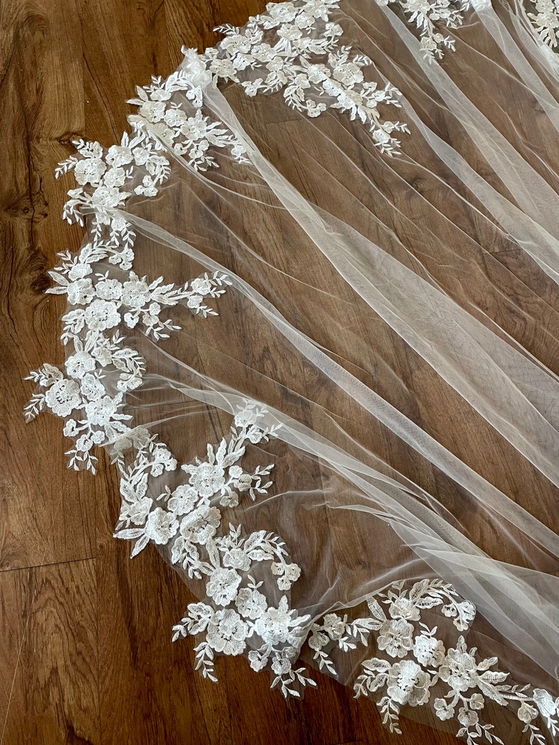 Cathedral veil, Wedding veil, Royal veil, Bridal veil with lace, floral lace, veil with flower lace applique, Wedding veil with flower lace image 8