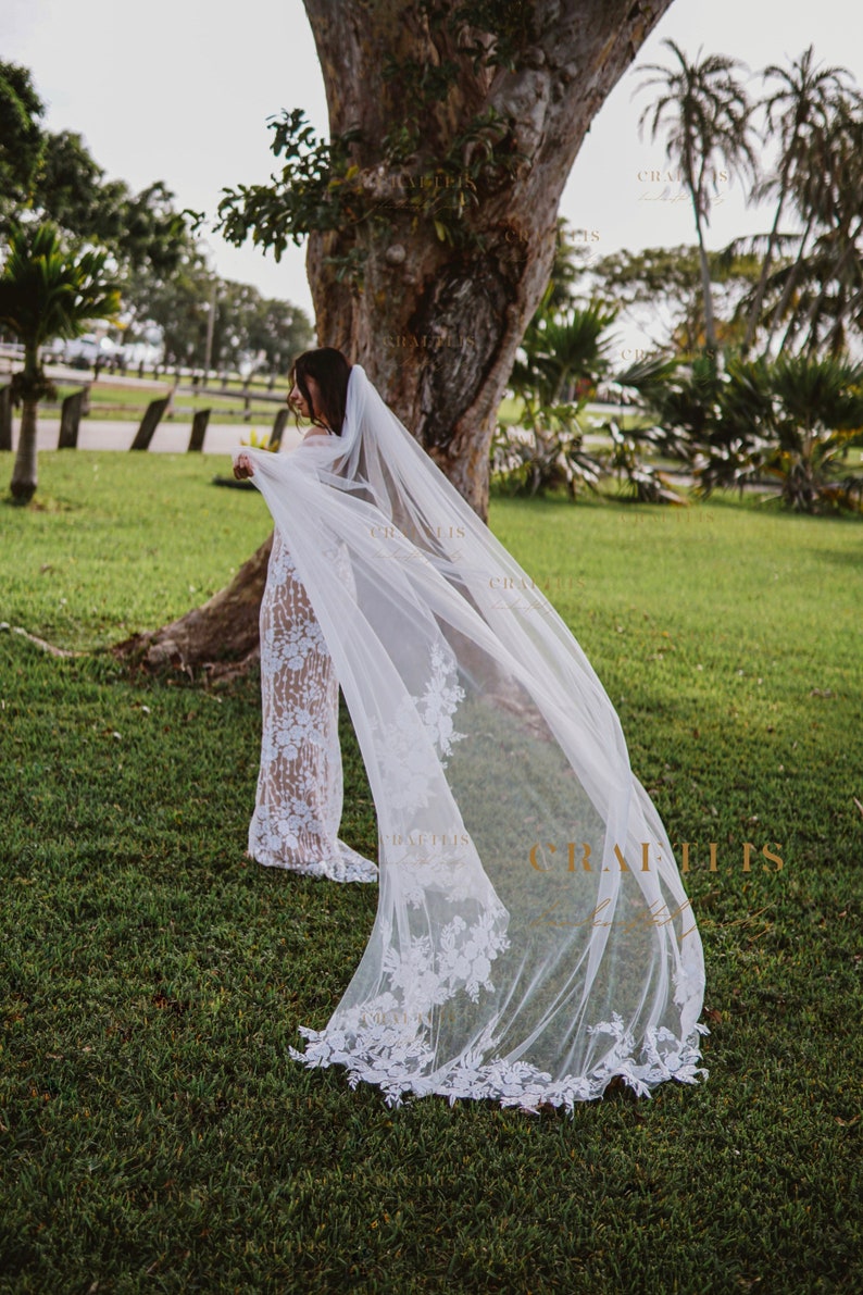 Cathedral veil, Wedding veil, Royal veil, Bridal veil with lace, floral lace, veil with flower lace applique, Wedding veil with flower lace image 5
