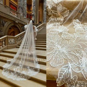 Velo de encaje catedral con lentejuelas florales: Velo de novia largo de alta calidad bordado con apliques de encaje con cuentas.