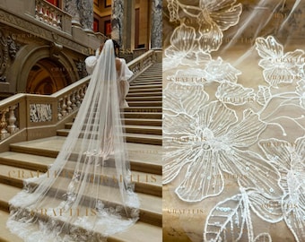Cathedral Lace Veil With Flower Sequins Lace: High-Quality Long Bridal Embroidered With Beaded Lace Appliqué