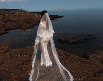 Two Tier Wedding Veil: French Chantilly Lace Blusher Veil with Eyelash Lace Edge